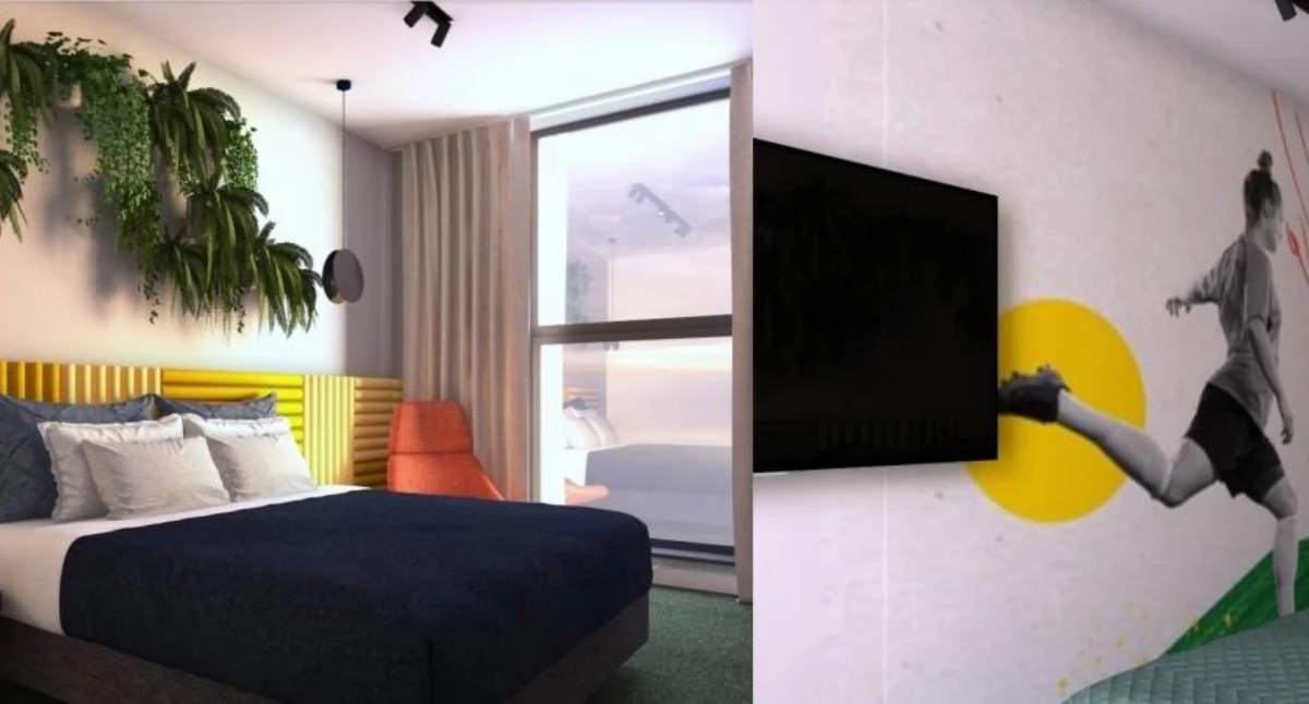 Wizualizacja pokoju hotelowego w Arenie Katowice. KADOKA Architekci