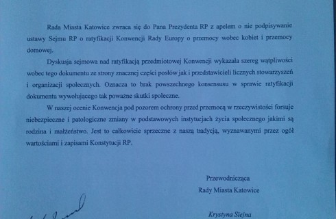 Katowiccy radni apelują do prezydenta RP o nie podpisywanie konwencji antyprzemocowej